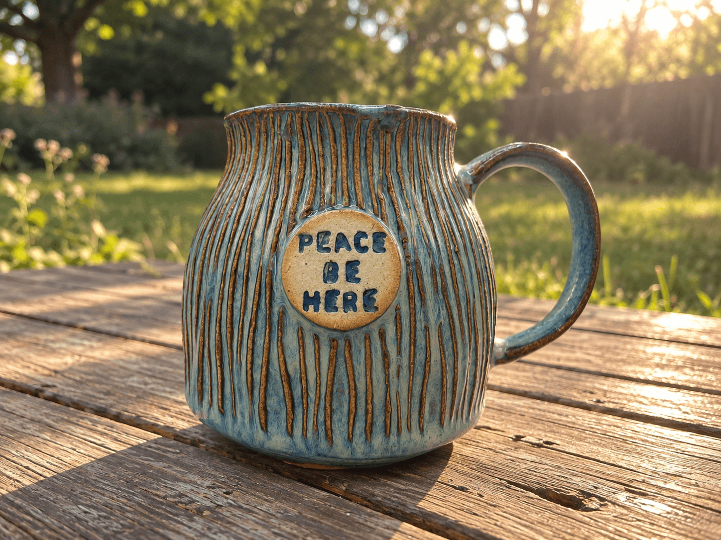 Peace Be Here ceramic mug on a wooden table in a sunlit garden.