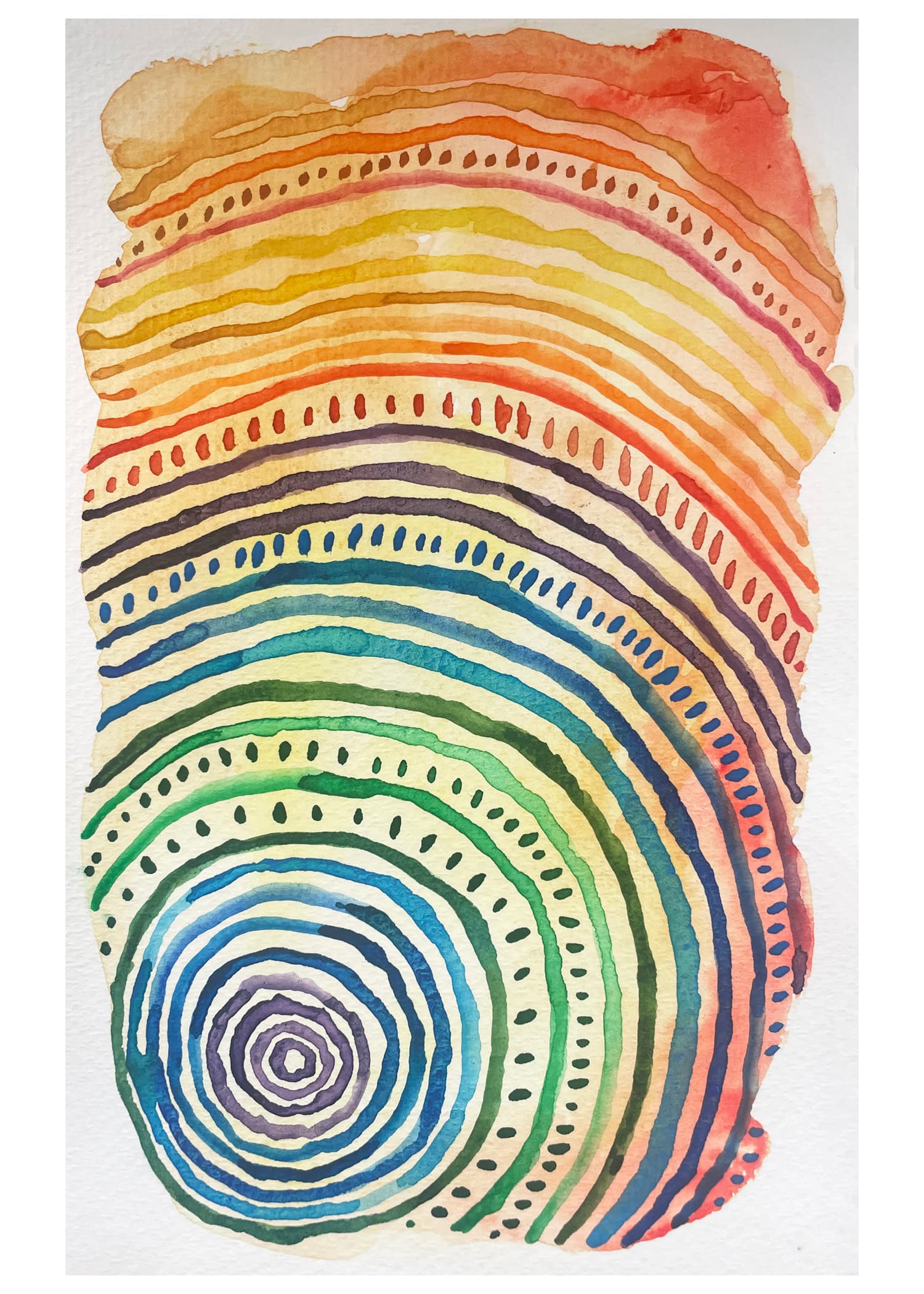 Concentric rainbow watercolor with warm bands flowing toward a blue-green spiral.