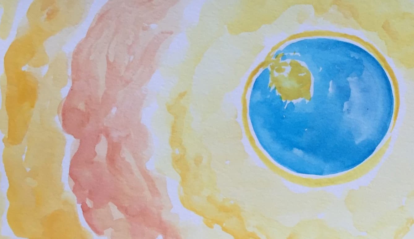 Watercolor with a luminous blue center and washes of yellow and pink rippling outward.