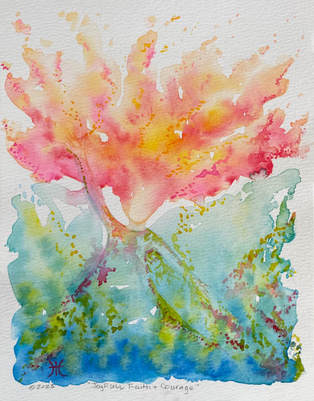 Watercolor painting in coral, gold, green, and blue titled JoyFULL Faith & Courage.