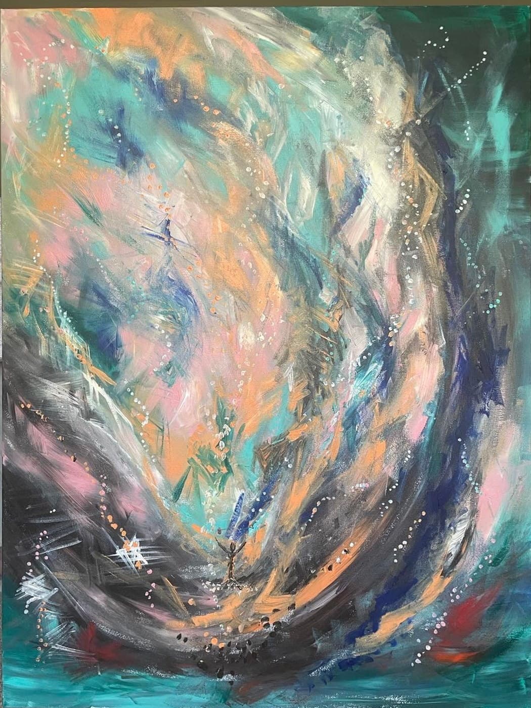 Abstract painting with sweeping teal, coral, white, and deep blue movement.