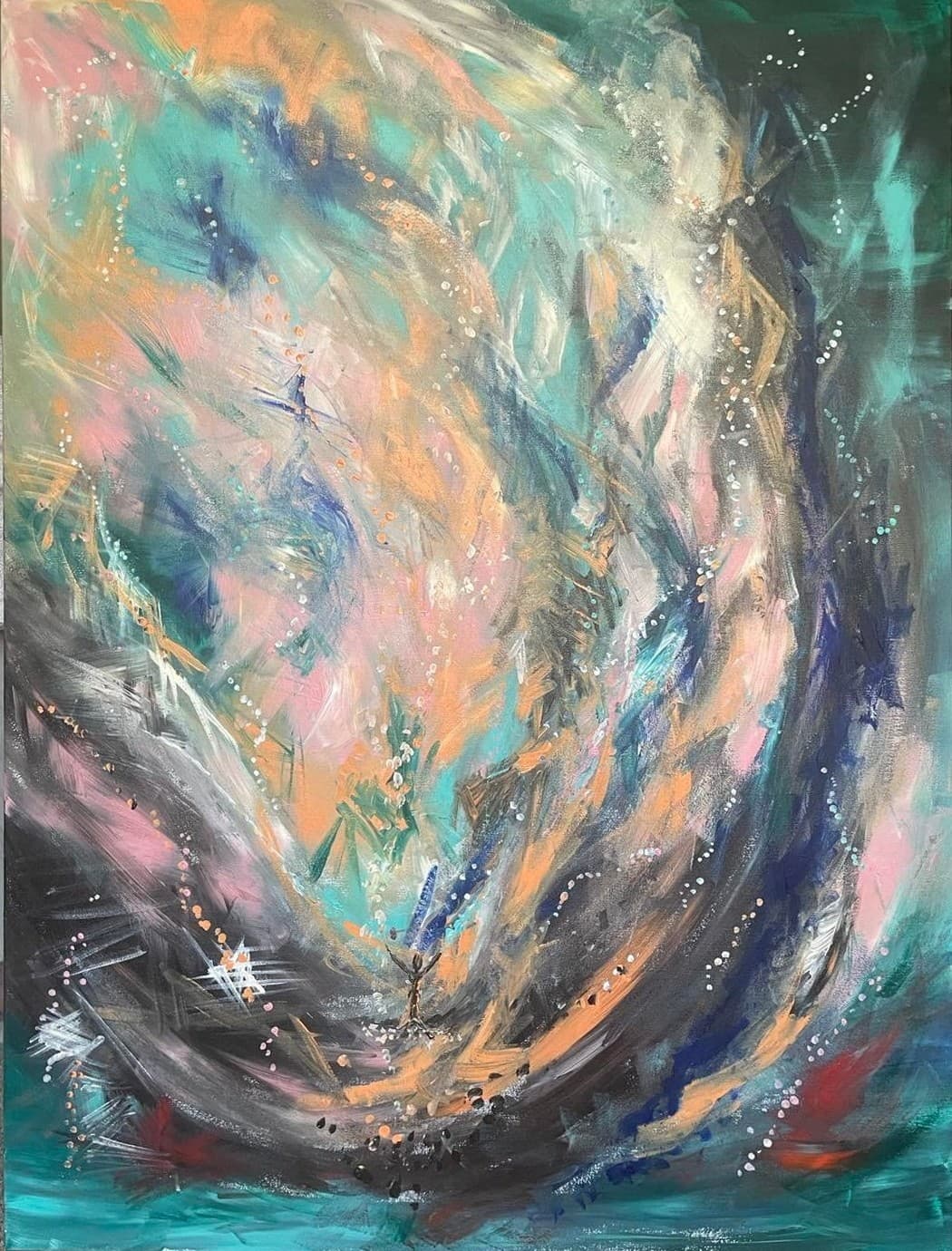 Abstract painting with sweeping teal, coral, white, and deep blue movement.