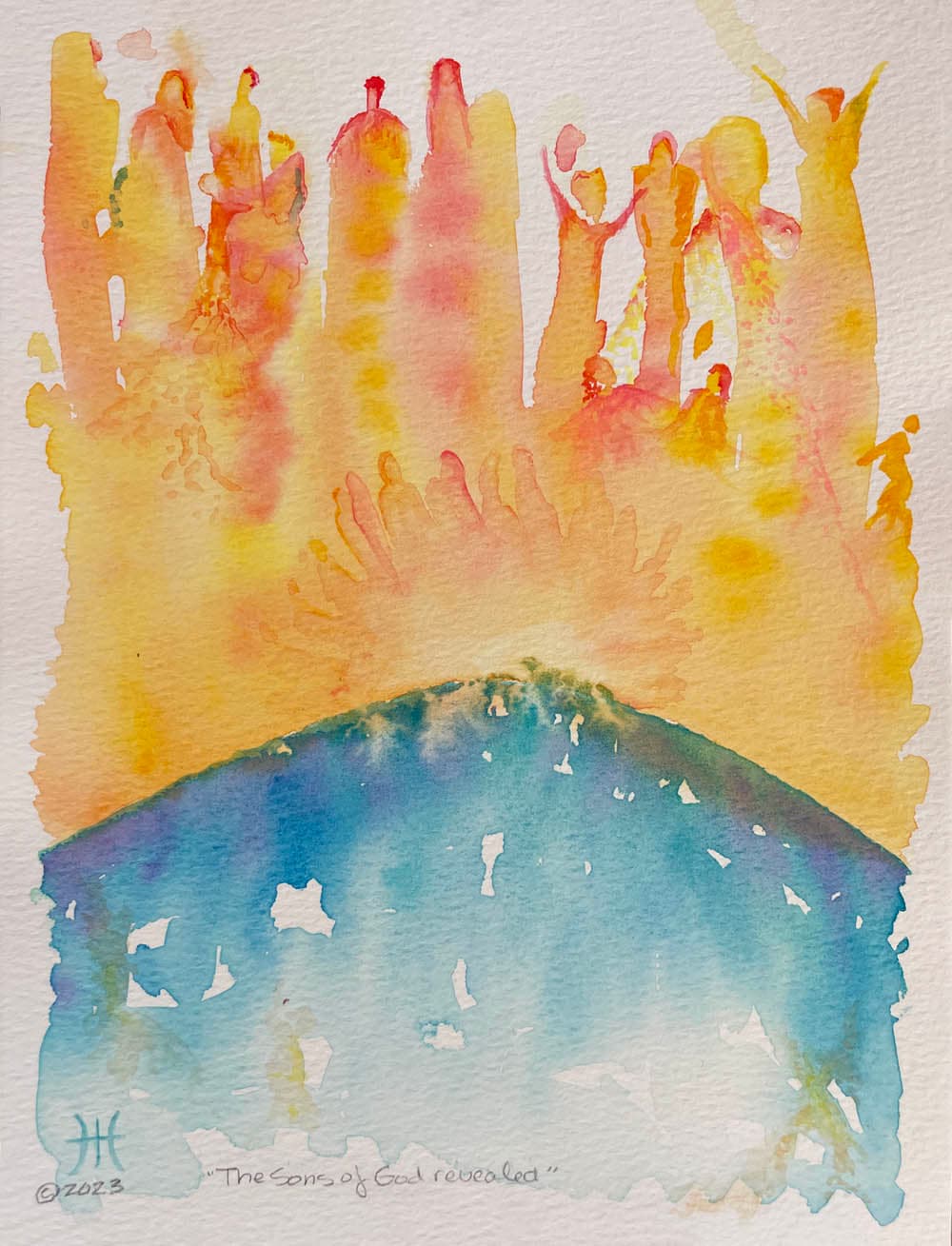 Watercolor with golden-orange figures above a blue lower half and handwritten text reading The sons of God revealed.