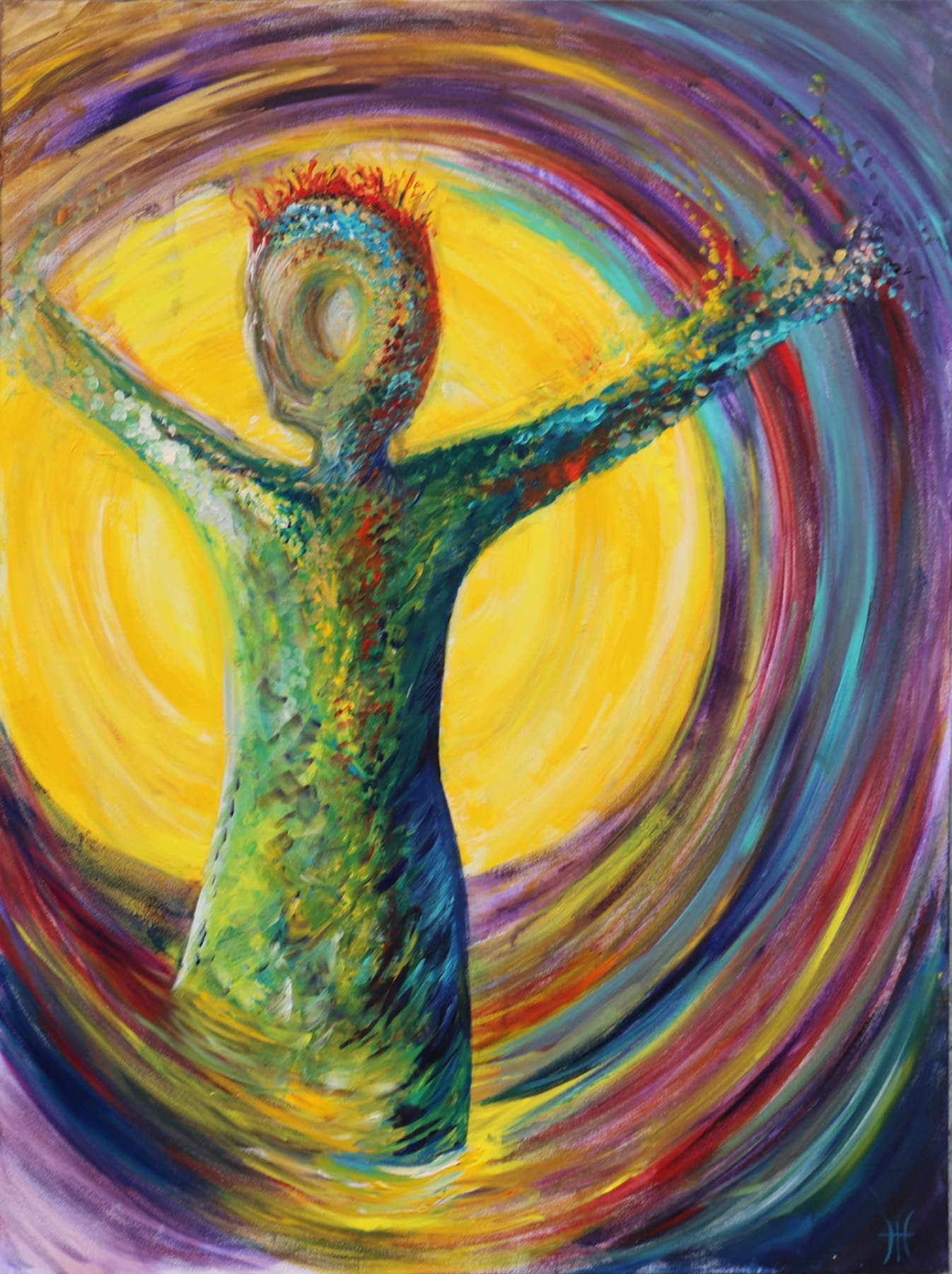 Saturated figurative painting of an outstretched figure surrounded by arcs of yellow, purple, teal, and red.