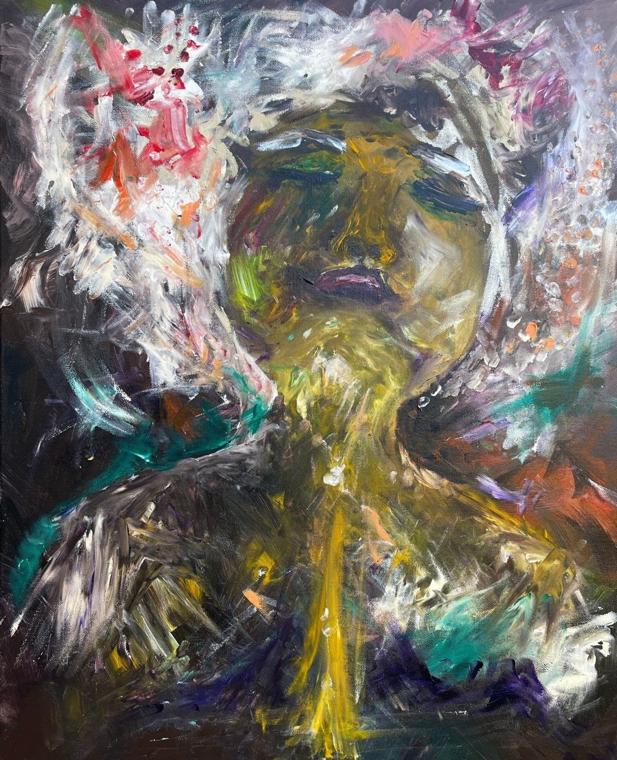 Expressive painting of a face surrounded by energetic layered brushwork.