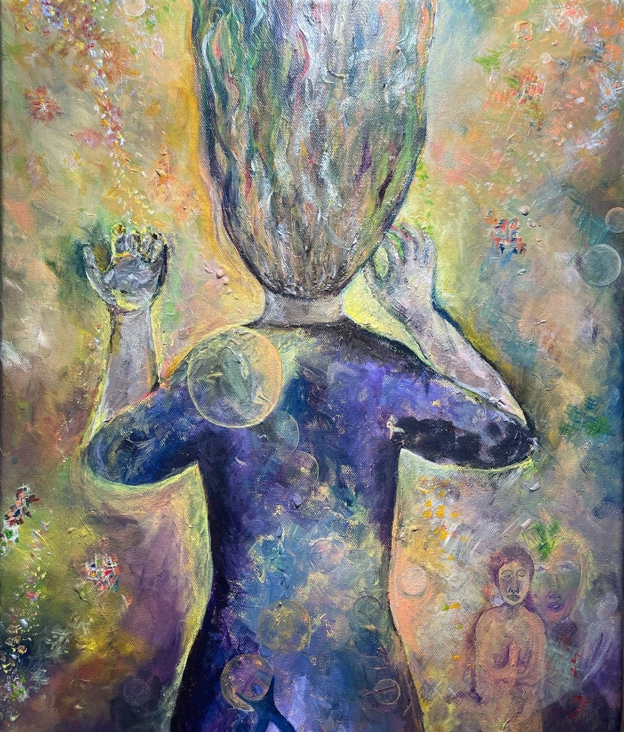 Symbolic figurative painting with an upward-reaching figure, raised hands, and layered circular forms.