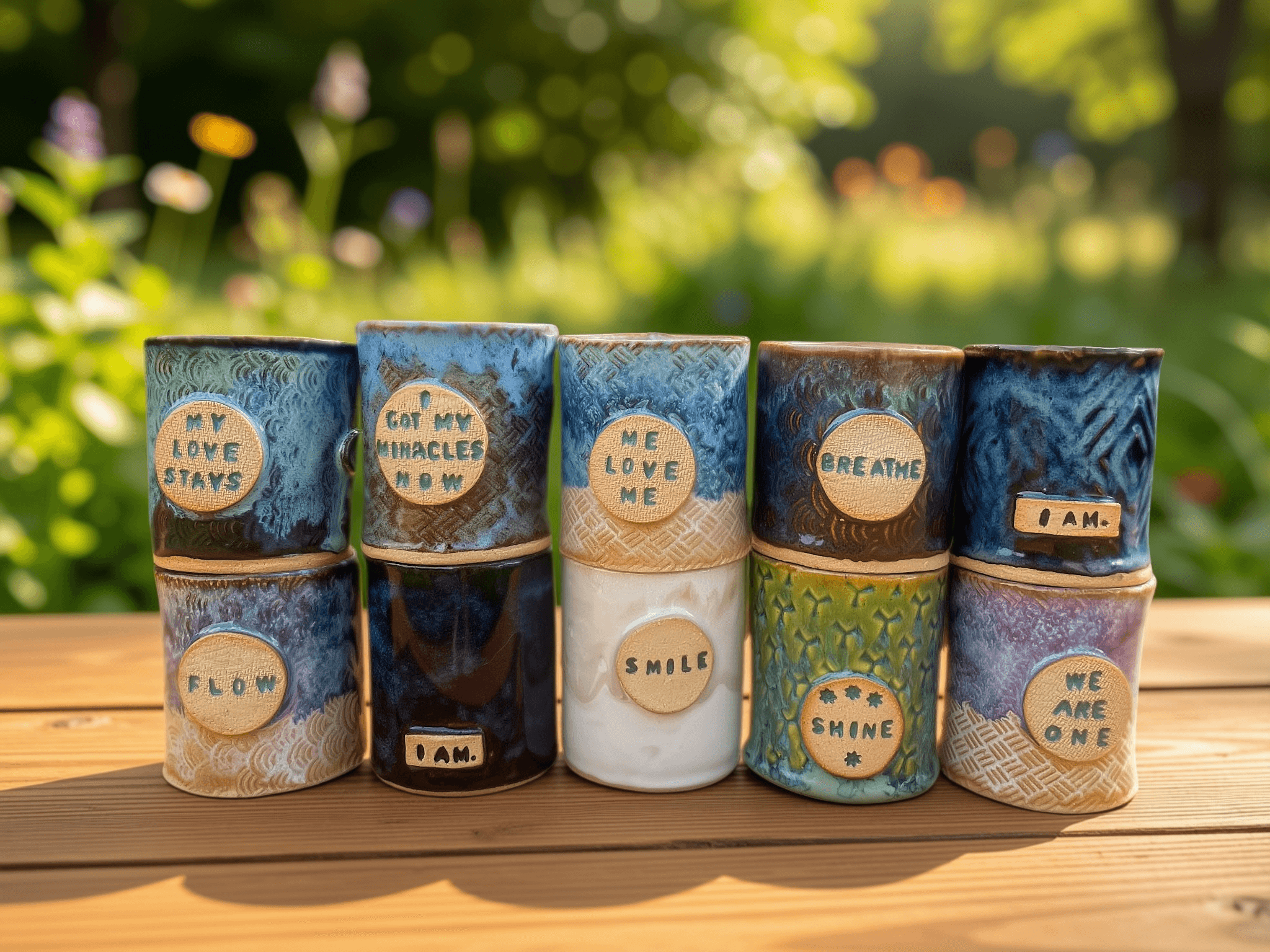 Two rows of colorful handmade ceramic tumblers, each bearing a different word or phrase.