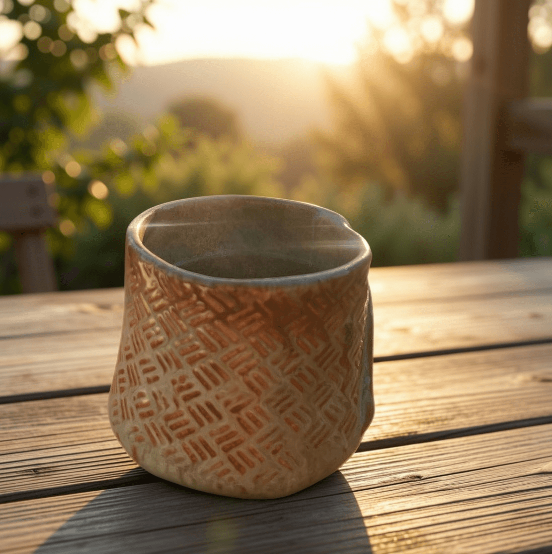 Handmade ceramic tumbler on a reflective wooden table in warm sunset light.