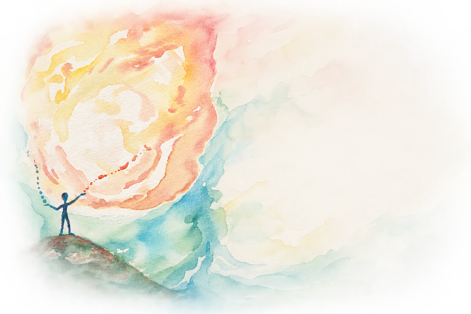 Watercolor of a small figure reaching toward a luminous field of color.