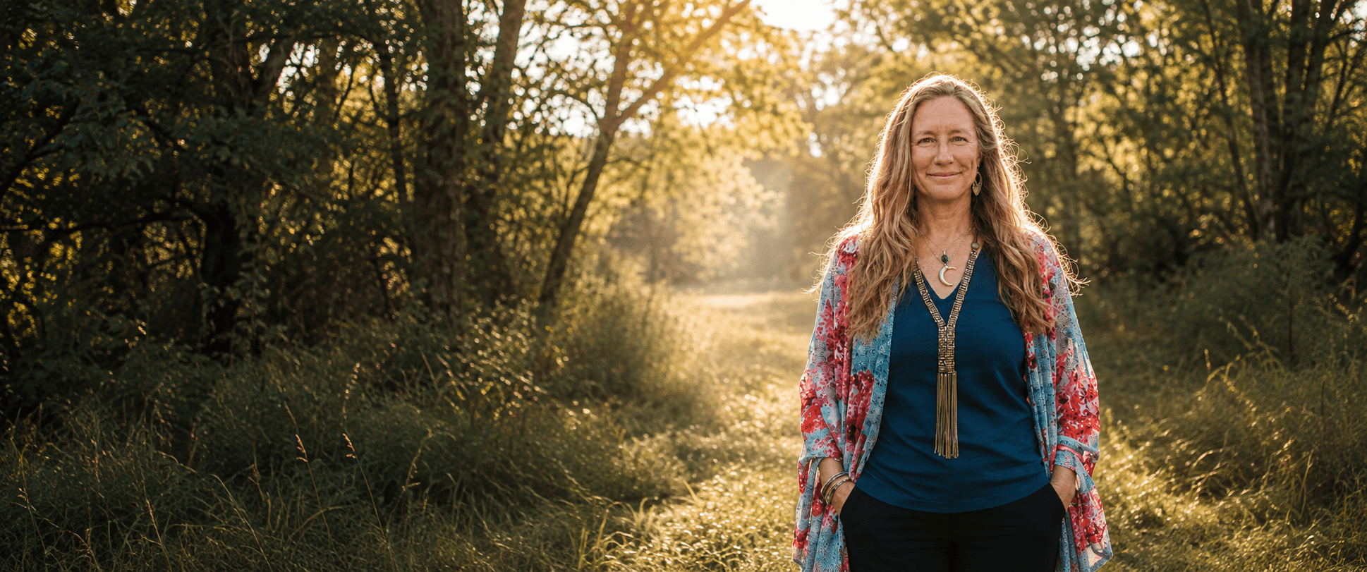 Heather standing in a sunlit woodland clearing.