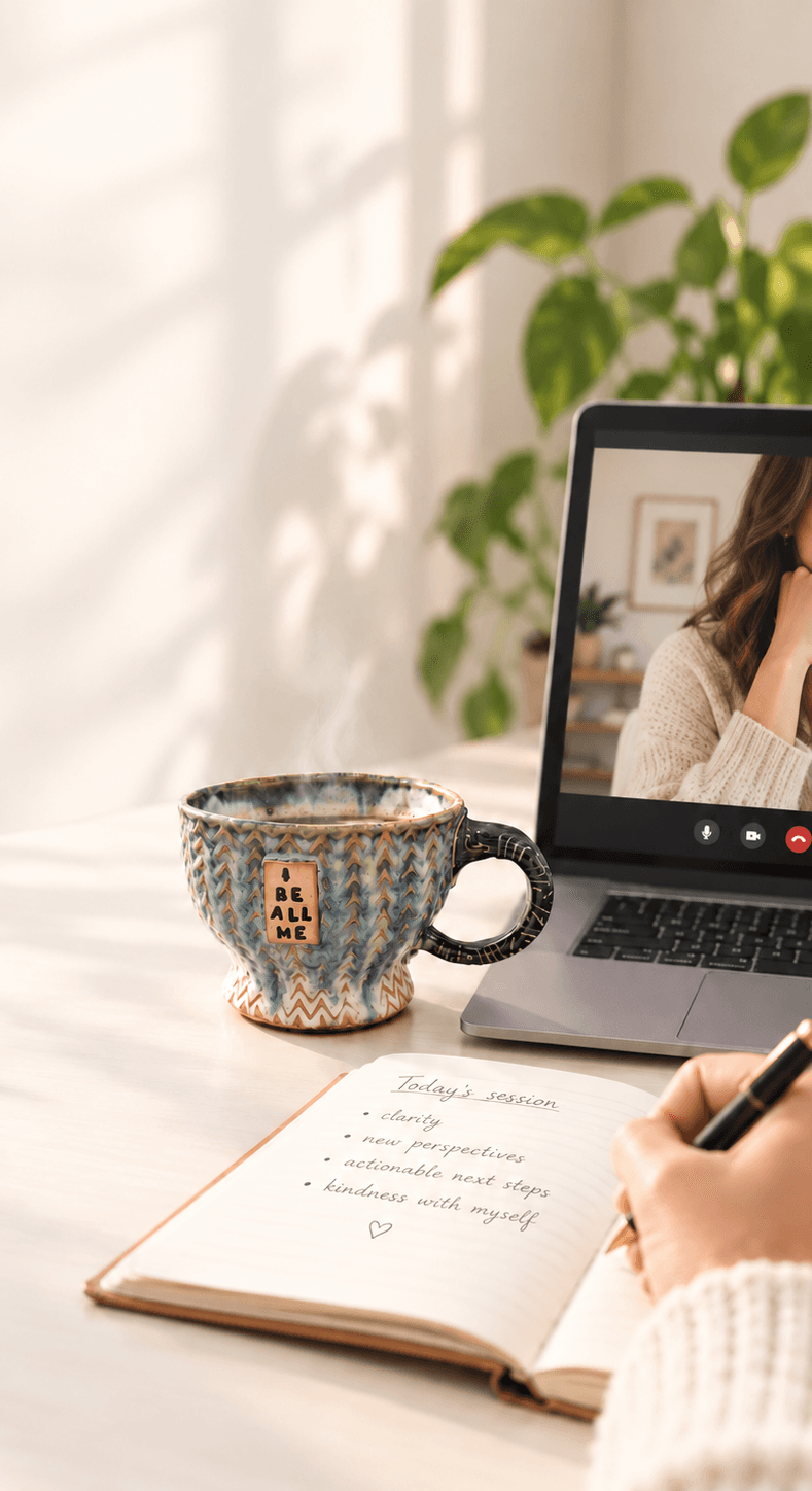 A ceramic mug beside a laptop video call, with an open journal and pen.