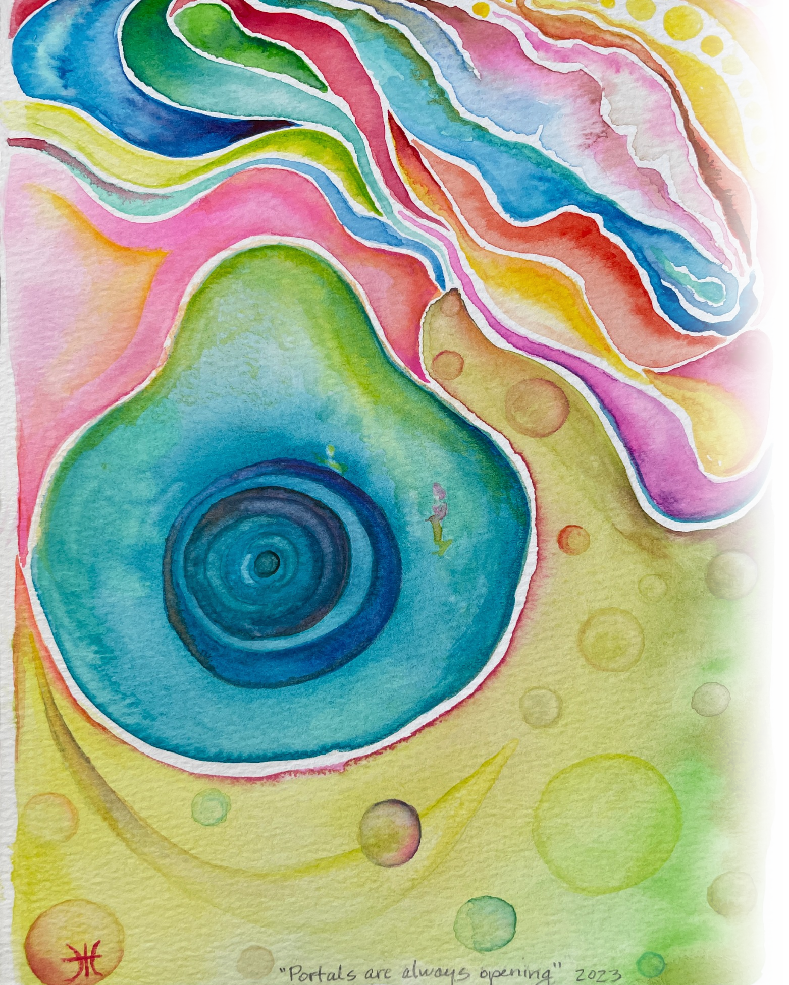 Portas, an abstract watercolor painting in pink, blue, green, and gold